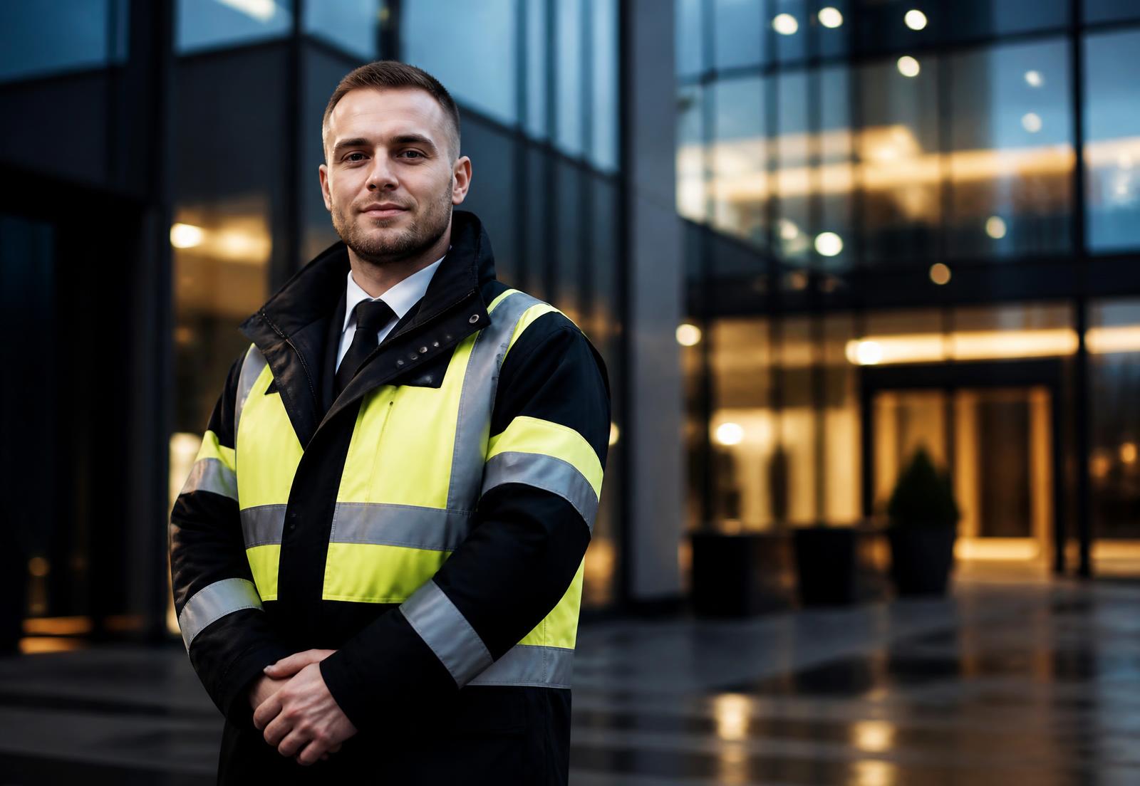 SIA-licensed security officer on duty outside a commercial office building at dusk